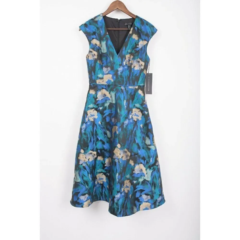 Aiden Mattox Womans Fit & Flare Jacquard Dress Floral Size US 2 EUR 34 Blue NWT